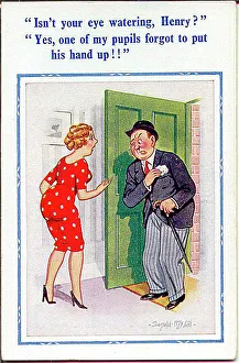 Comic postcard, Man comes home with watering eye