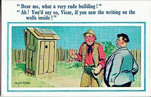 Rude Prints: Comic postcard, Man comments to vicar on outdoor toilet