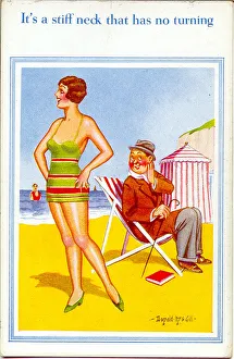 Comic postcard, Man in deckchair at the seaside, admiring a pretty woman in her swimsuit Comic postcard, Man in deckchair at the seaside, admiring a pretty woman in her swimsuit