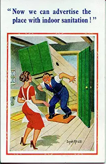 Sanitation Prints: Comic postcard, Man delivers indoor toilet Date: 20th century