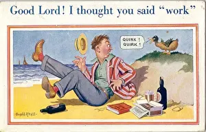 Relax Prints: Comic postcard, Man disturbed by duck on the beach - trying to forget about work Date