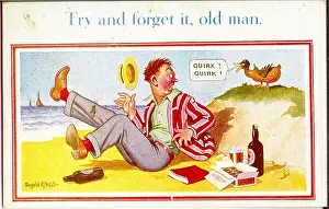 Comic postcard, Man disturbed by duck on the beach - trying to forget about work Date