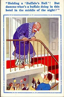 Meaning Prints: Comic postcard, Man disturbed by late night party in hotel Date: 20th century