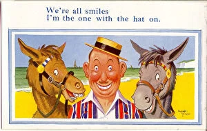 Smiles Gallery: Comic postcard, Man with two donkeys on the beach