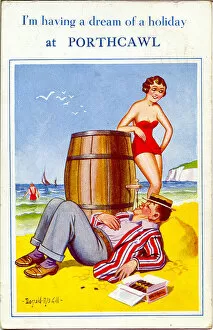 Comic postcard, Man drinking from a beer barrel at the seaside Date: 20th century