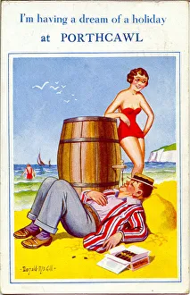 Comic postcard, Man drinking from a beer barrel at the seaside Date: 20th century Comic postcard, Man drinking from a beer barrel at the seaside Date: 20th century
