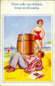 Comic postcard, Man drinking from a beer barrel at the seaside Date: 20th century