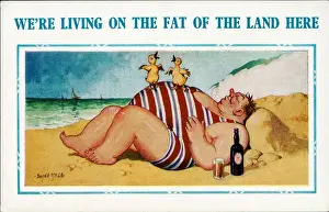 Chick Prints: Comic postcard, Man with ducklings on the beach Date: 20th century