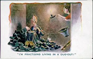 Scheme Prints: Comic postcard, Man eating meal in coal cellar - I'm practising living in a dug-out