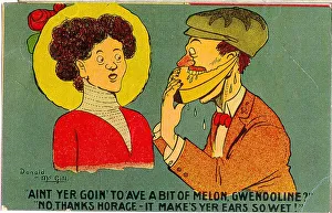 Comic postcard, Man eating slice of melon Date: 20th century Comic postcard, Man eating slice of melon Date: 20th century