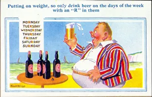 Stomach Gallery: Comic postcard, Man enjoying a beer on the beach
