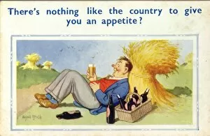Comic postcard, Man enjoying a drink or two in the countryside Date: 20th century