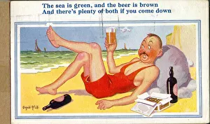Comic postcard, Man enjoying a glass of beer on the beach Date: 20th century Comic postcard, Man enjoying a glass of beer on the beach Date: 20th century