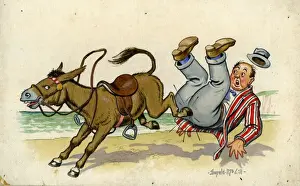 Shock Prints: Comic postcard, Man falling off a donkey on the beach Date: 20th century
