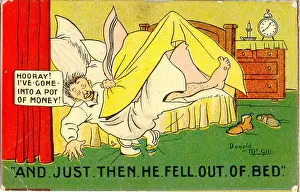 Hairy Prints: Comic postcard, Man falls out of bed onto chamber pot Date: 20th century