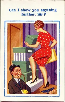 Helpful Prints: Comic postcard, Man with female shop assistant Date: 20th century
