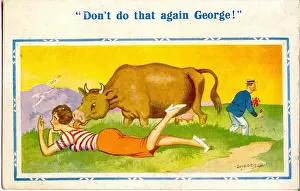Comic postcard, Man, girlfriend and cow Date: 20th century