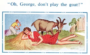 Picking Prints: Comic postcard, man, girlfriend and goat