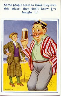 Comic postcard, Man with a glass of beer on the beach Date: 20th century