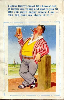Choice Collection: Comic postcard, Man with glass of beer at the seaside Date: 20th century