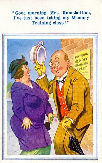 Shocked Prints: Comic postcard, Man greets woman in the street - memory training Date: 20th century