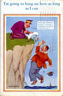 Comic postcard, Man hanging off the edge of a cliff Date: 20th century Comic postcard, Man hanging off the edge of a cliff Date: 20th century
