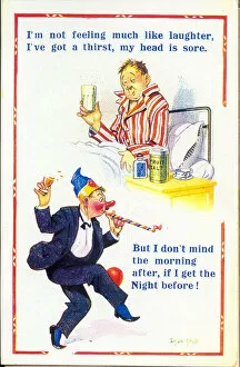 Comic postcard, Man with hangover after drunken evening