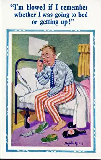 Hung Prints: Comic postcard, Man with hangover sitting on bed Date: 20th century