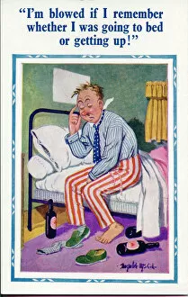 Comic postcard, Man with hangover sitting on bed Date: 20th century