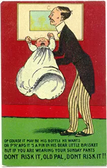 Comic postcard, Man holding a crying baby Date: early 20th century