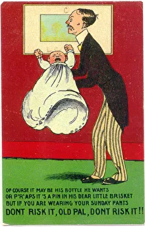 Comic postcard, Man holding a crying baby Date: early 20th century Comic postcard, Man holding a crying baby Date: early 20th century