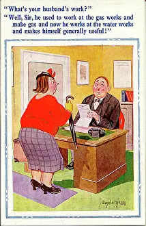 Interview Prints: Comic postcard, Man interviews woman in office Date: 20th century