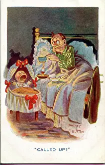 Scheme Prints: Comic postcard, Man kept awake by crying baby - Called up