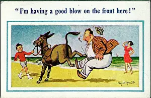 Comic postcard, Man kicked by donkey on beach Date: 20th century