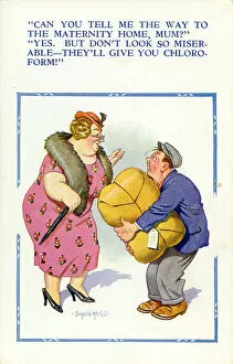 Give Gallery: Comic postcard, Man with large parcel looking for maternity home Date: 20th century