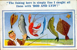 Comic postcard, Man with line of fish he didn't catch
