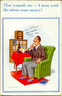Cows Gallery: Comic postcard, Man listening to the radio Date: 20th century