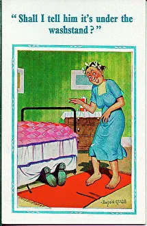 Amused Prints: Comic postcard, Man looks for something under bed Date: 20th century