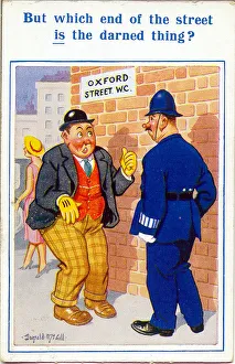 Policemen Prints: Comic postcard, Man looks for toilet in Oxford Street