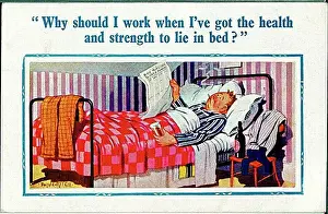Sickness Prints: Comic postcard, Man lying ill in bed Date: 20th century
