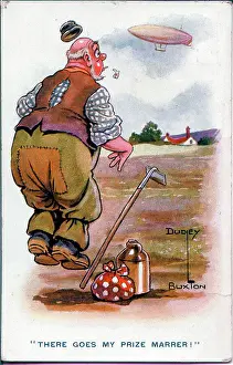 Comic postcard, Man mistakes airship for marrow - There goes my prize marrer! Date: 1914-1918