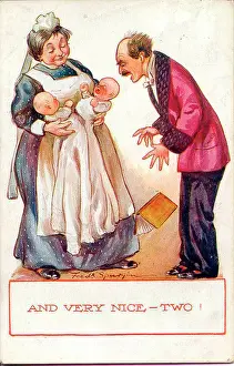 Spurgin Prints: Comic postcard, Man and nurse with twins - And very nice - two! Date: early 20th century