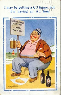Notice Prints: Comic postcard, Man with a pint of beer on the beach