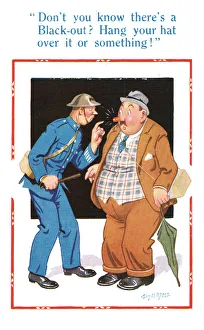Blackout Prints: Comic postcard, man and policeman in blackout, WW2