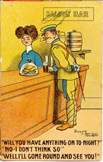 Comic postcard, Man propositions barmaid Date: 20th century
