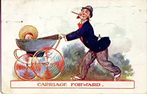 Spurgin Prints: Comic postcard, Man pushing baby in a pram - Carriage forward Date: early 20th century