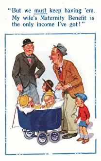Images Dated 23rd March 2021: Comic postcard, Man pushing pram