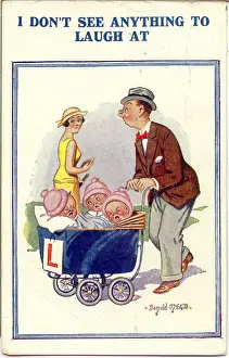 Laugh Prints: Comic postcard, Man pushing pram with triplets Date: 20th century
