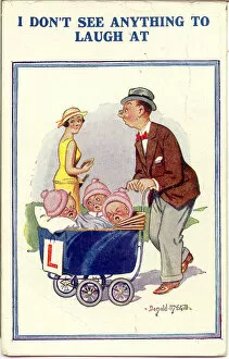 Hell Gallery: Comic postcard, Man pushing pram with triplets Date: 20th century