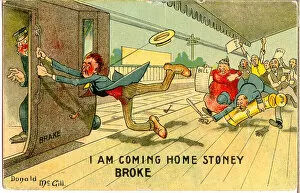 Comic postcard, Man racing for the train, pursued by his creditors Date: 20th century